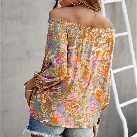 Boho Floral Print off Shoulder Top Blouse - Picture 4 of 4